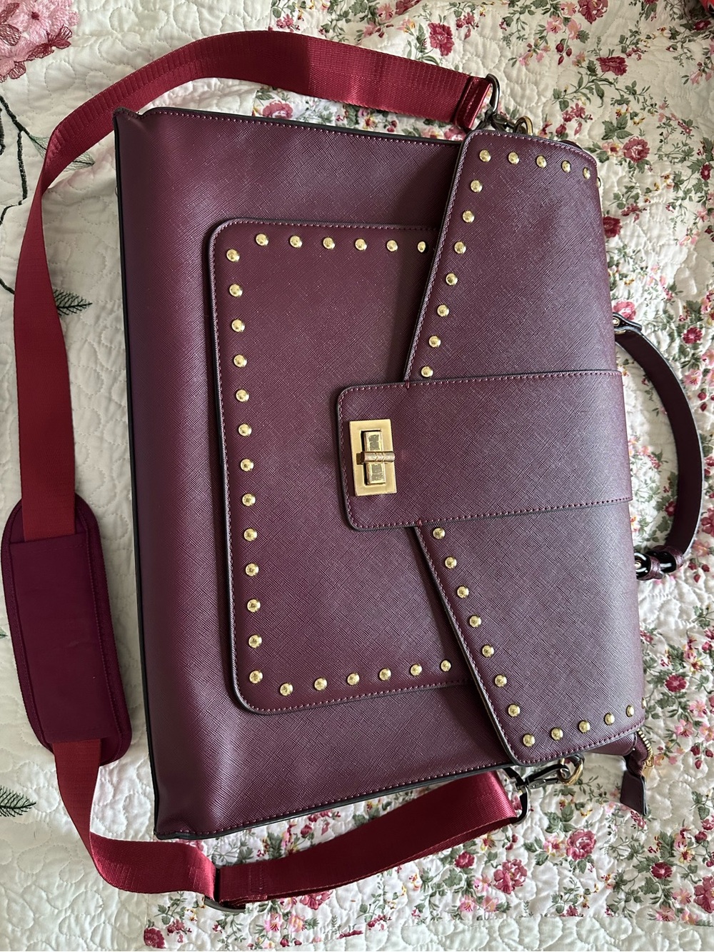 Studded Burgundy Women's Crossbody Satchel Briefcase Laptop Bag